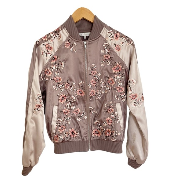 Lovers Friends The Worldwide Bomber Jacket XS Purple Embroidered Floral Stains - Picture 1 of 12